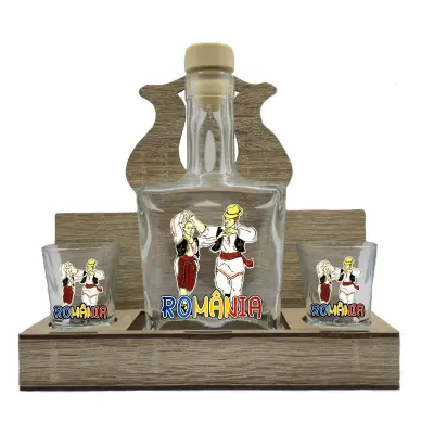 Port popular copii romania, suport din lemn cu sticla si 2 pahare, model hgs030